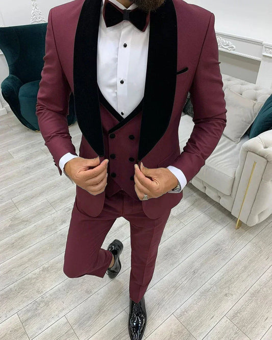 Autumn Winter Burgundy Elegant Men Suit Formal Wedding Groom Tuxedo Slim Fit Blazers Shawl Lapel High Quality Custom 3 Piece Set