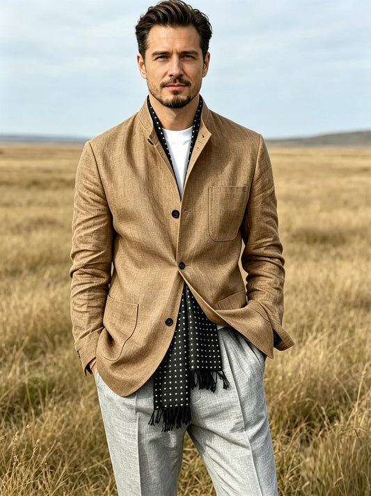  Men's No Collar Jacket Linen Blend Stand Collar Blazer Chinese Mandarin Collar Blazer Classic Tradition Tang Jacket For Daily