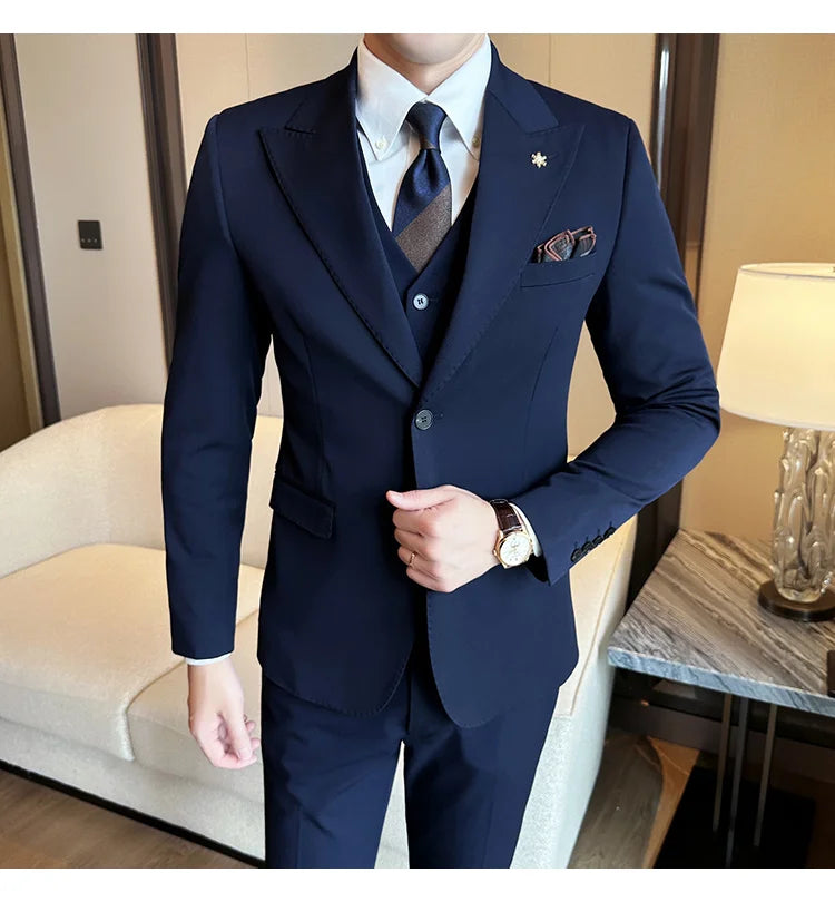 (Blazer + Vest + Trousers) 2024 New Men Formal Business Solid Suit 3 Pieces Set Italian Style Luxury Wedding Social Party Tuxedo