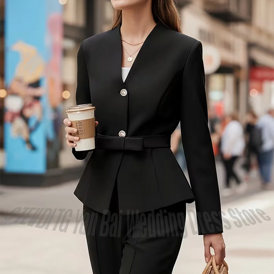 Chic Red Women's Suit V-Neck Peplum Blazer with Belt Bow Pants Slim Fit Formal Business Work Office Lady Wear Two Pieces