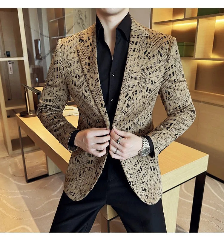 Korean Slim Fit Casual Suit Jacket for Men Fashion Camouflage Business Social Blazers Wedding Streetwear Dress Coat Men Clothing