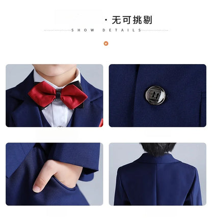Boys 4Pieces Slim Fit Wedding Birthday Party Outfit Suit Set With Blazer Vest Pants Bowtie Kids Piano Host Performance Costume
