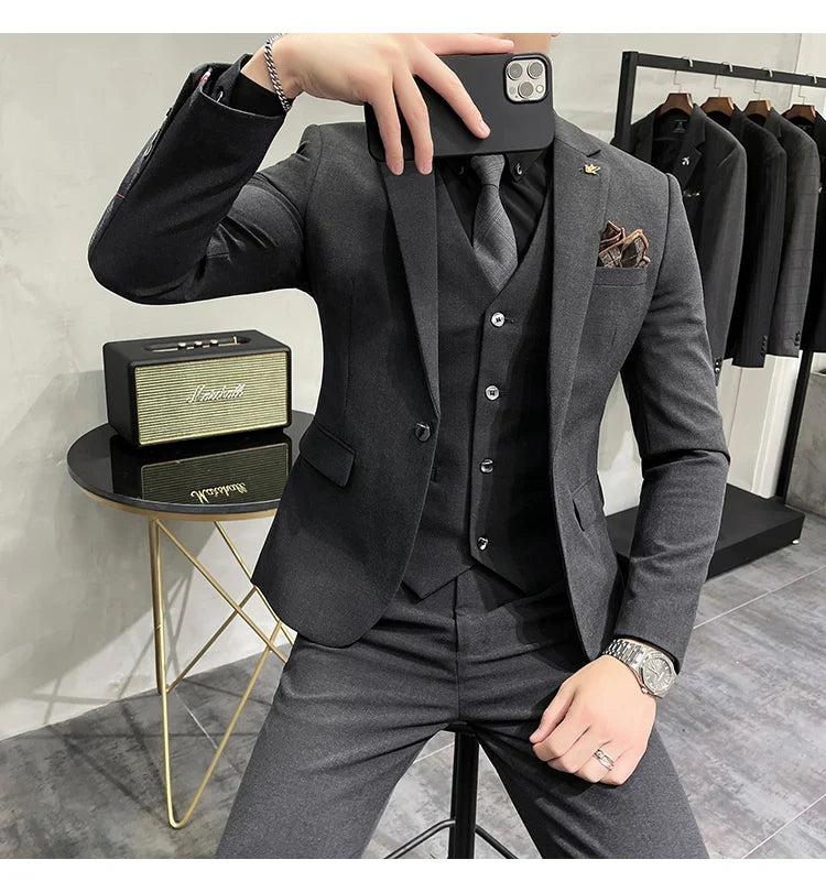 (Jacket +Vest+Pants) Plus Size 7XL-S Men Korean Slim Fit Groom Wedding Business Casual Tuxedo Mens Work Social Suit 3 Pieces