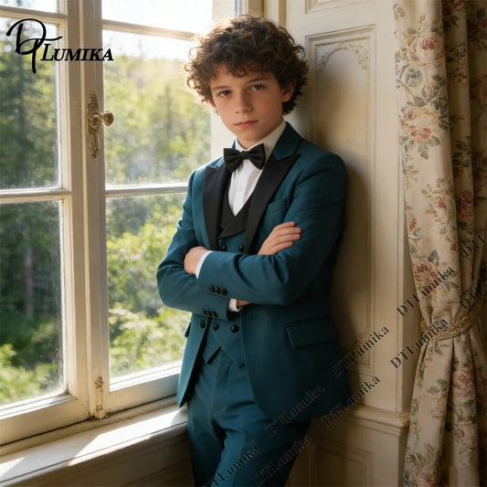 Boys 3-Piece Formal Suit Teal Single Button Kids Wedding Suit