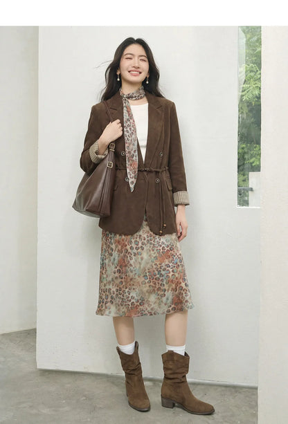 Women's Suede Casual Blazer Notched Lapel Loose Mid Length Outerwear 2026 Autumn New Brown Ladies Coat W63XC8300