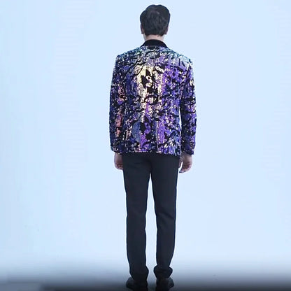 Men's Slim Fit Velvet Tuxedo Blazer Sequin Shawl Lapel One Button Wedding Party Banquet Jacket Shiny Suit Singer Studio Shoot