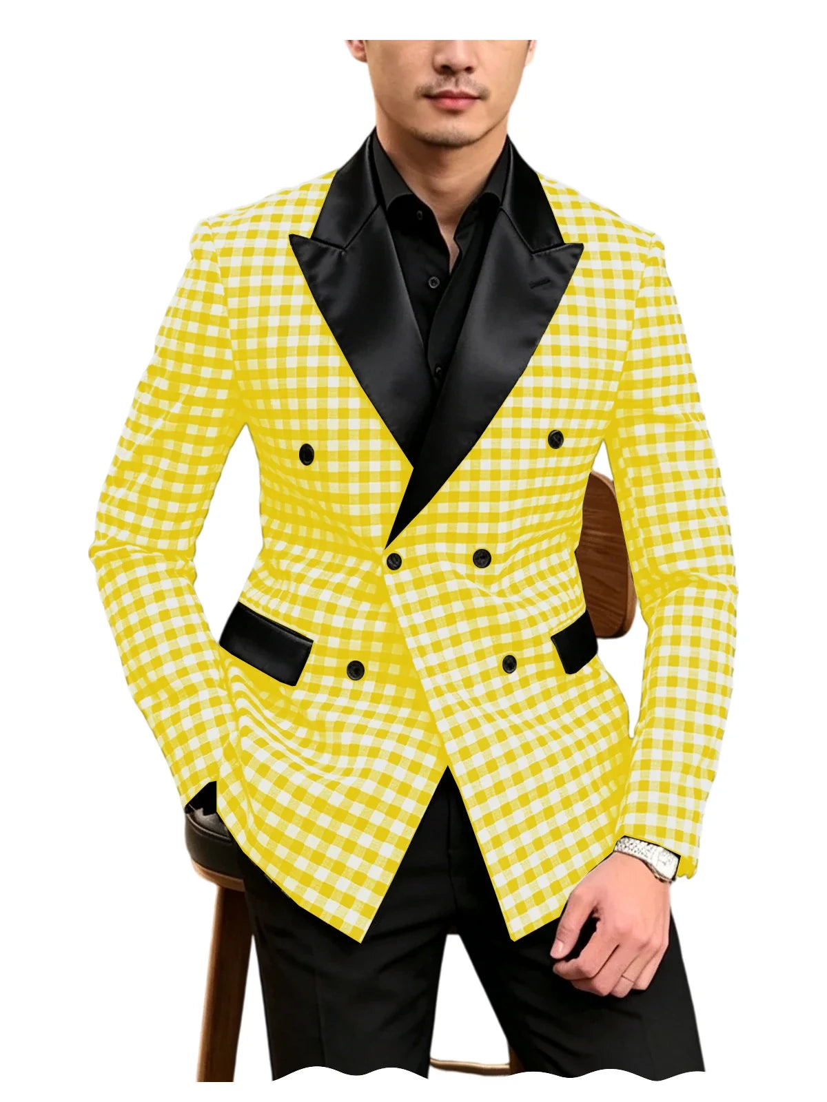 Men's Checkered Double Breasted Blazer Tailored Slim Fit Formal Jacket For Wedding Groom Cocktail Event Prom Dinner Party Coat