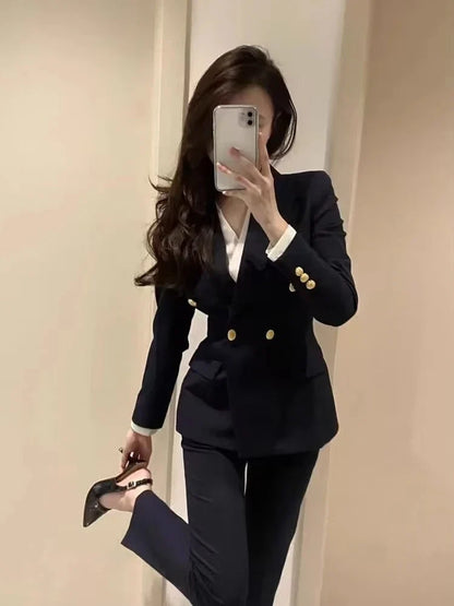 Navy blue Fashion Women Pant Suit Long Sleeve Solid Ladies Blazer and Trouser Formal 2 Piece Sets