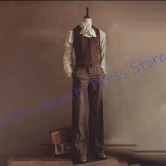 Elegant Woman Brown Clothes Retro Two-Piece (Single-Breasted Vest+Plaid Pants) Set Vintage Formal Evening Parties Outfit