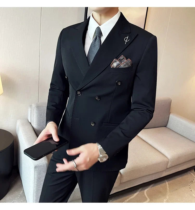 (Jackets +Pants ) Men's Suits 2 Piece High-Quality Double Breasted Lapel Solid Business Groom Wedding Tuxedo Banquet Clothing