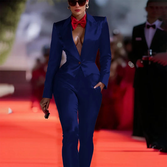 Shiny Red Women Clothes Eye-catching Single Button Peaked Lapel Suit Luxury Tailored Blazer+Pants Set for Evening Party