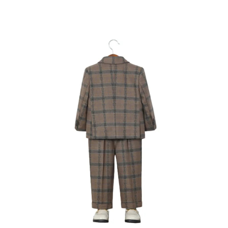 Boys 4Pieces Brown Plaid Wedding Outfit With Jacket Vest Pants Bowtie Kids Formal Wear for Piano Host Speech Performance