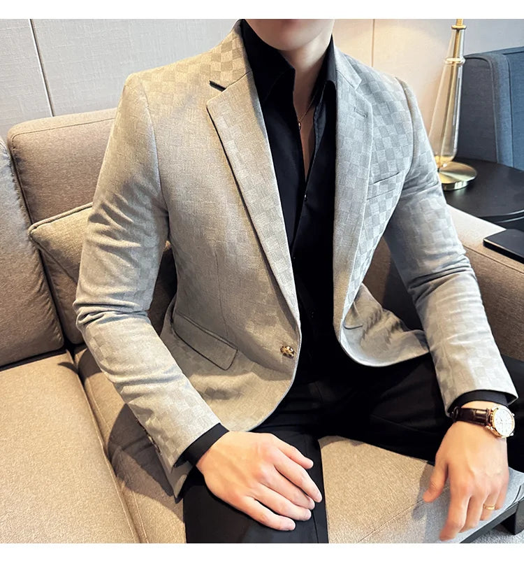 2024 Spring Plaid Blazers Men Single Breasted Casual Business Suit Jacket Fashion Slim Social Banquet Wedding Groom Dress Coats