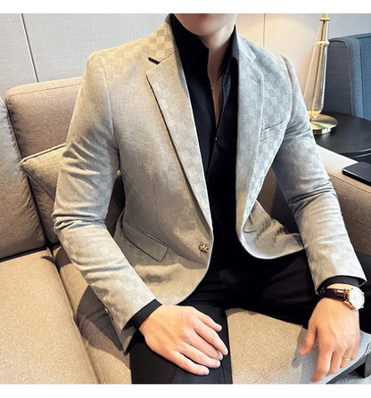 2024 Spring Plaid Blazers Men Single Breasted Casual Business Suit Jacket Fashion Slim Social Banquet Wedding Groom Dress Coats