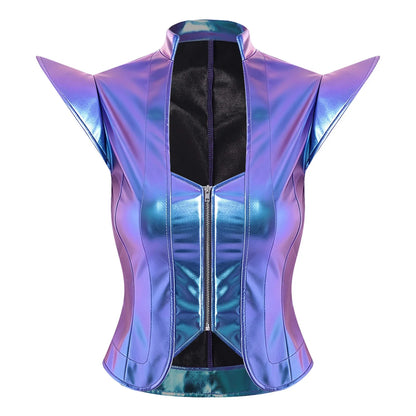 Womens Front Zipper Vest Tank Top Wet Look PU Leather Crop Top Metallic Glossy Rave Party Clubwear Costume Steampunk Waistcoat