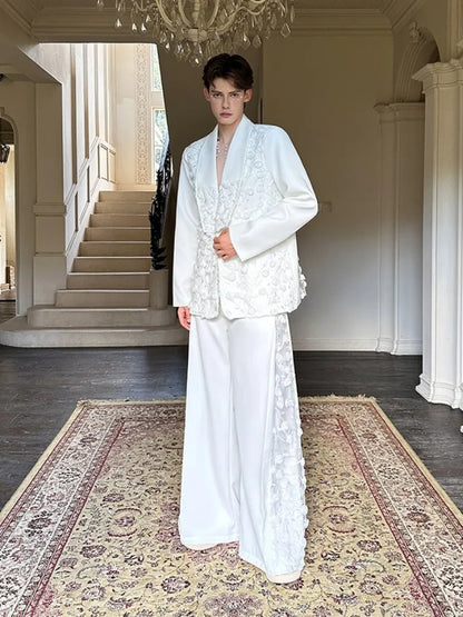 Mens Spliced Flowers Suit Jacket Wide Leg Pants Two Piece Set Loose Fit Spring Summer Designer Elegant Fashion Banquet Suits Set