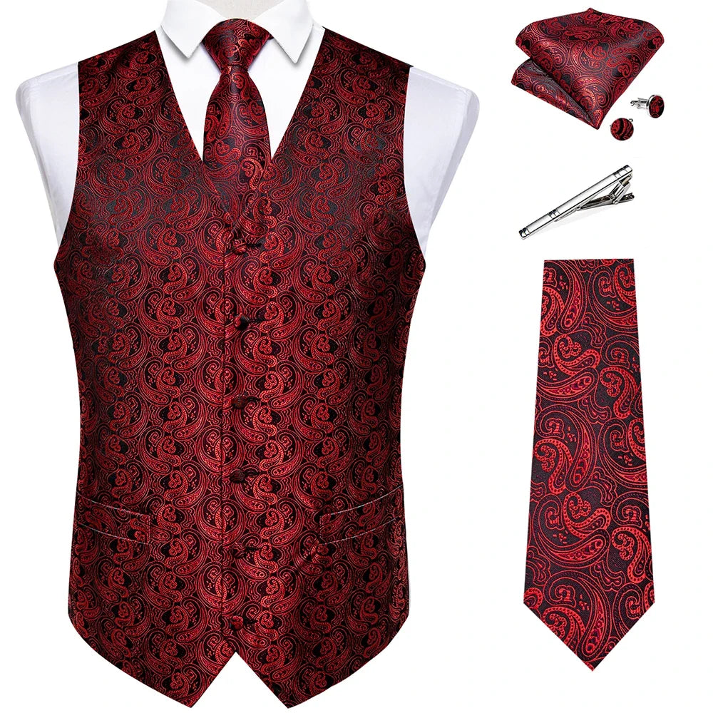 Men's Suit Vest Set with Tie, Handkerchief & Cufflinks for Wedding & Banquet