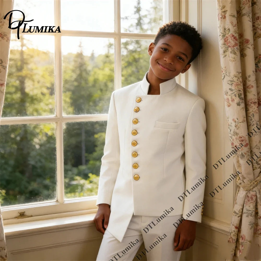 Boys Suit Set Mandarin Collar Tuxedo with Gold Buttons for Weddings and Formal Occasions