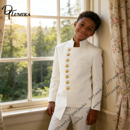 Boys Suit Set Mandarin Collar Tuxedo with Gold Buttons for Weddings and Formal Occasions