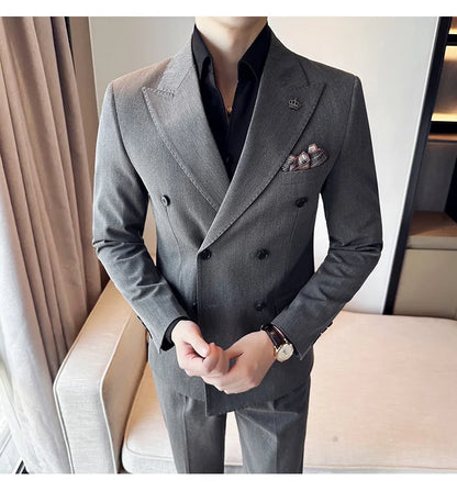 (Blazer + Trousers) Fashion Double Breasted Design Slim Men's Suit Italian Style Luxury Wedding Social Party Tuxedo 2 Piece Set