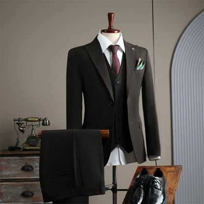 New Men's Slim Fit Business Suit Set 3 Pieces,Classic Graceful Solid Suits For Interview Office,Stylish Peak Lapel Men Tuxedo