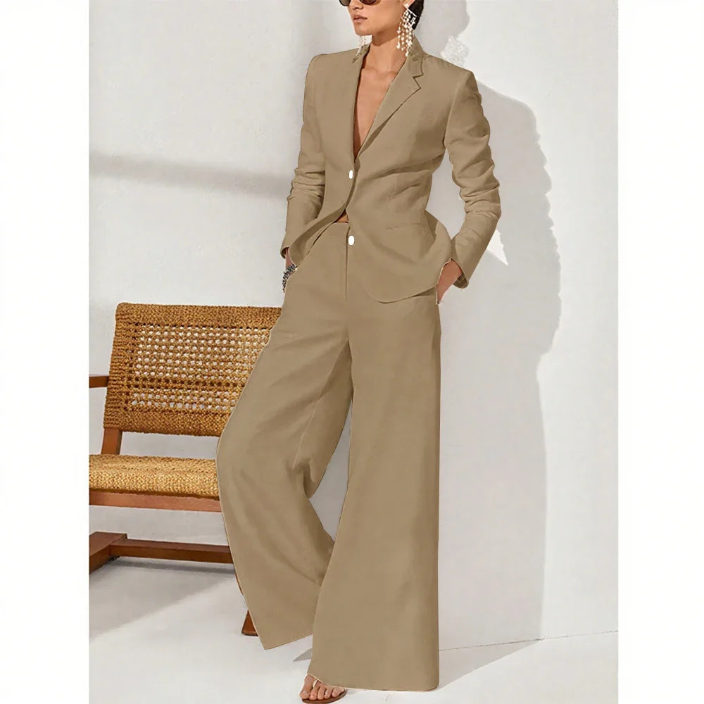 Summer Linen Women Pants Sets White Fashion Notch Lapel Single Breasted 2 Piece Elegant Chic Daily Casual Office Female Suit