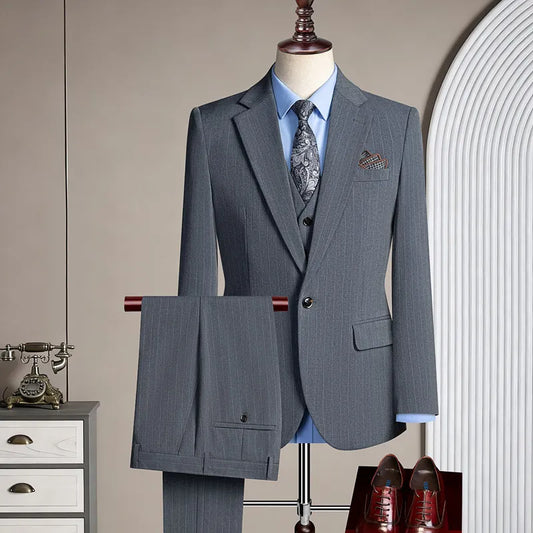 Men's Striped Three-Piece Suit – Single Breasted Formal Set for Wedding & Banquet