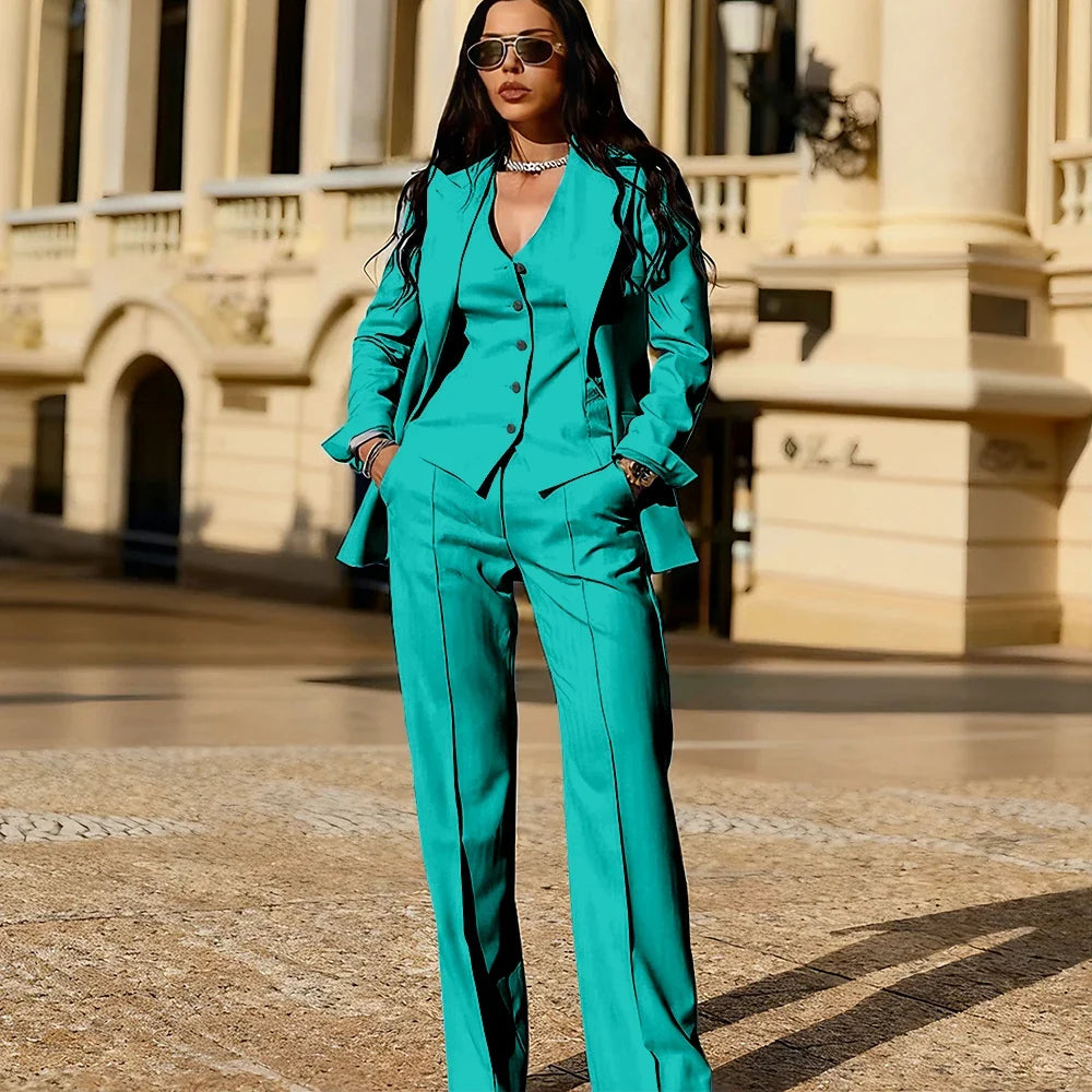 Light Blue 3 Piece Suit Set New Women's Jackets Single Breasted Peaked Lapel Blazer+Vest+Pants Formal Office Commute Outfit