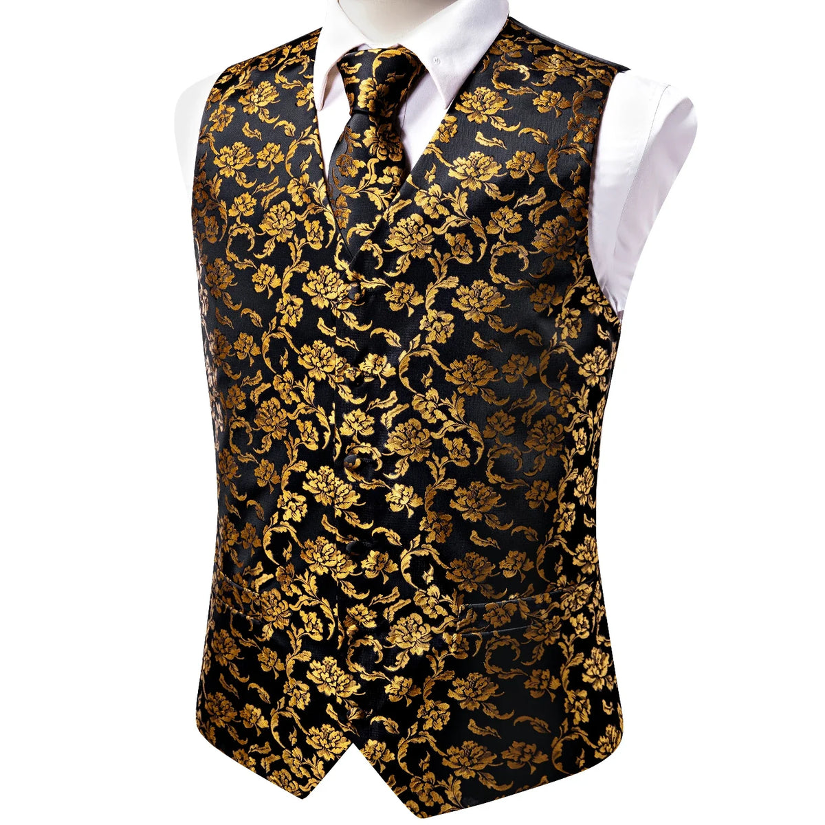 Men's Jacquard Waistcoat Suit Vest with Tie Hanky Cufflinks Brooch Set for Weddings and Business Events