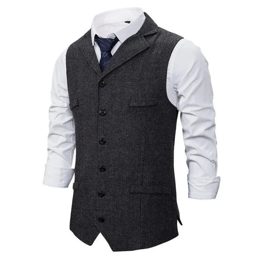 Men's Herringbone Vest – Single Button Lapel Waistcoat for Weddings, Business & Formal Occasions