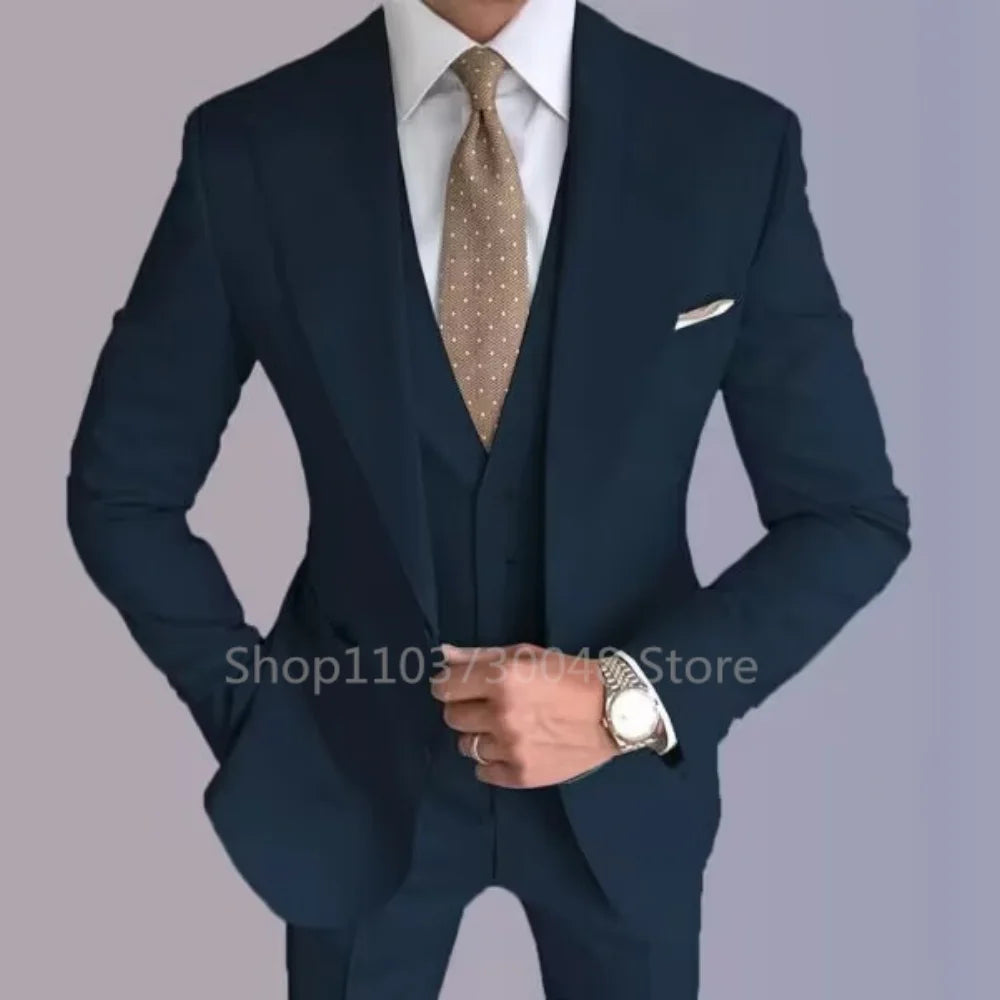 Formal Men's Groom Tuxedos Three-Piece Peak Lapel Suit Solid Jacket Vest Pants Party Prom Daily Casual Tuxedo Business Men Suits