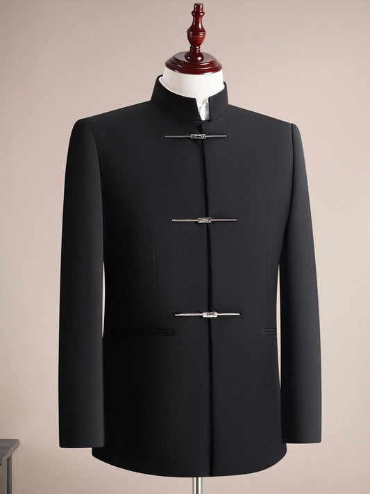 (Jacket+Pants) Chinese Style Stand Up Collar Suit Jacket Pants 2 Piece Set Vintage Luxury Men Slim Casual Social Wedding Tuxedo