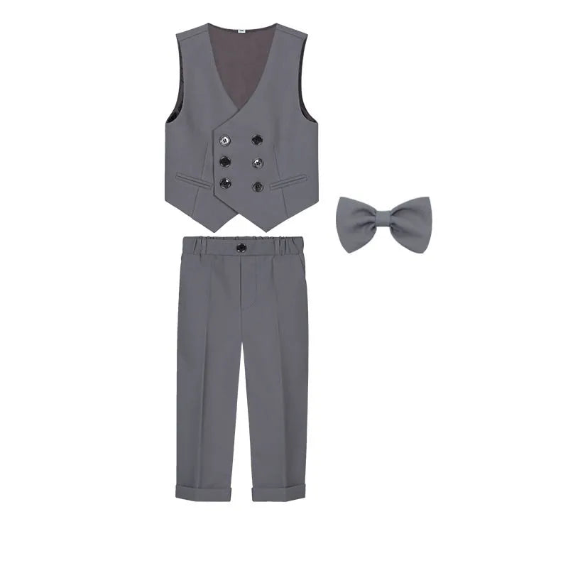 Gentleman Kids Beige Jacket Vest Pants Bowtie Brooch Photograph Suit Children Piano Dress Boys Easter Host Performance Costume