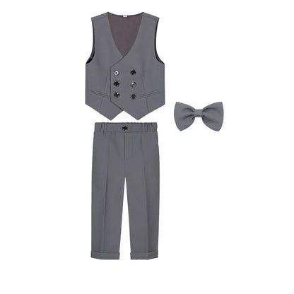 Gentleman Kids Beige Jacket Vest Pants Bowtie Brooch Photograph Suit Children Piano Dress Boys Easter Host Performance Costume