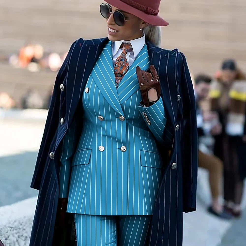 Formal Women's Burgundy Pinstripe Suit with Navy Blue Striped Coat Double Breasted 3Piece Set Elegant Evening Party Outerwears