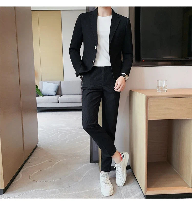 2025 New Waffle Blazers +Pant 2 Piece Set Men Fashion Business Slim Fit Solid Tuxedo Groom Wedding Prom Wear Casual Men's Sets