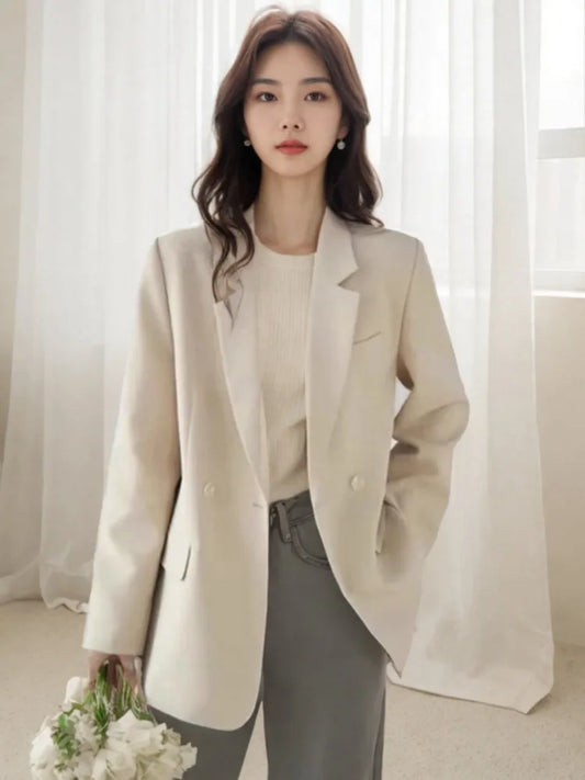 Spring Autumn Leisure Women Blazers New Solid Color Korean-style Office Ladies Suit Jacket Notched Lapel Outerwear Straight Coat