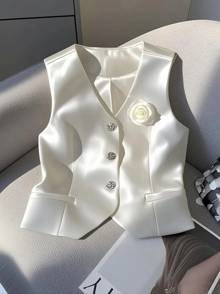 New Satin White Jacket Vest V-neck Single Breasted Slim Fit Short Coats Elegant Women Office Lady Temperament Tops Spring Summer