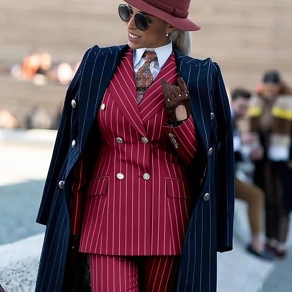 Formal Women's Burgundy Pinstripe Suit with Navy Blue Striped Coat Double Breasted 3Piece Set Elegant Evening Party Outerwears