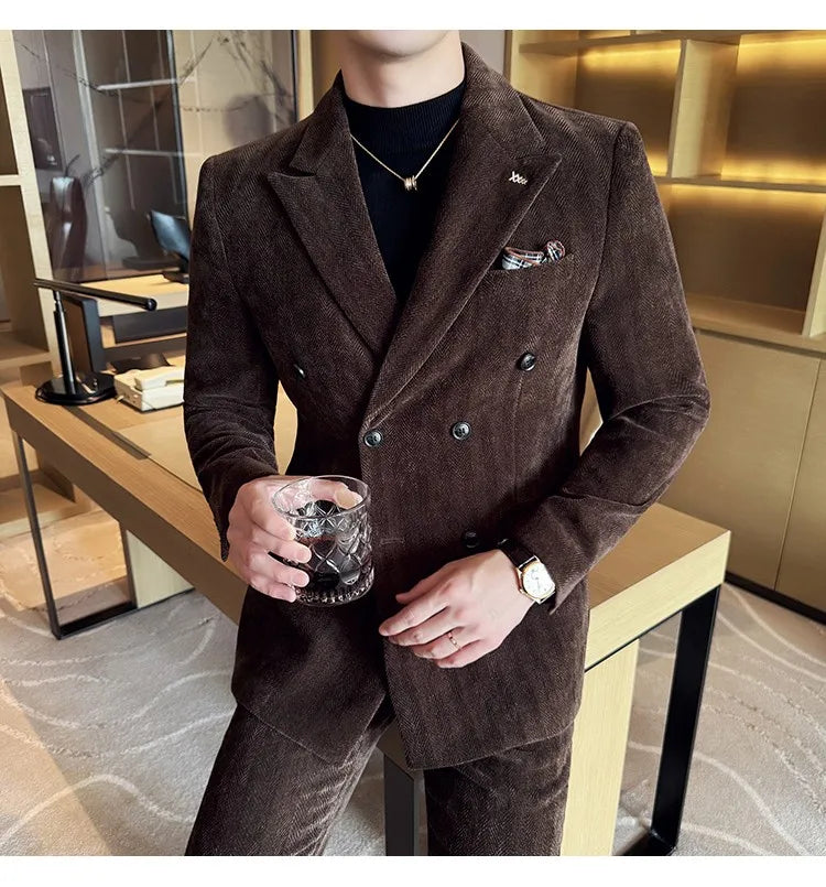 2025 Winter Woolen Men's Wedding Groom Suit Double Breasted Suit 3 Piece Set Business Casual Office Work Party Prom Dress Suits