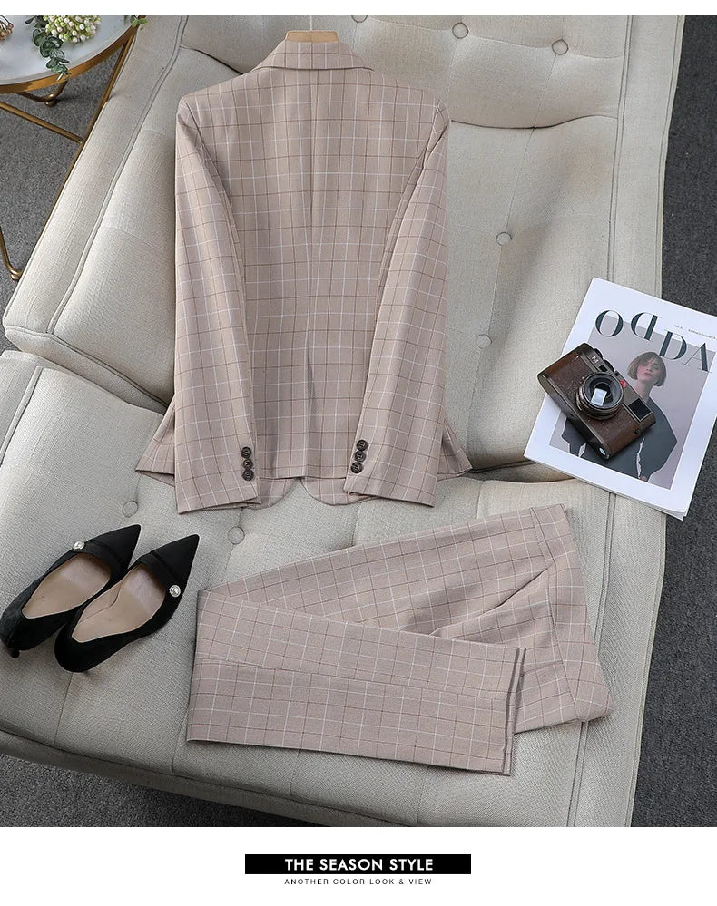 Apricot Plaid Pant Suits for Women Blazer British Style Capable Fashionable High-end Professional Clothing OL Clothes Suit Pants