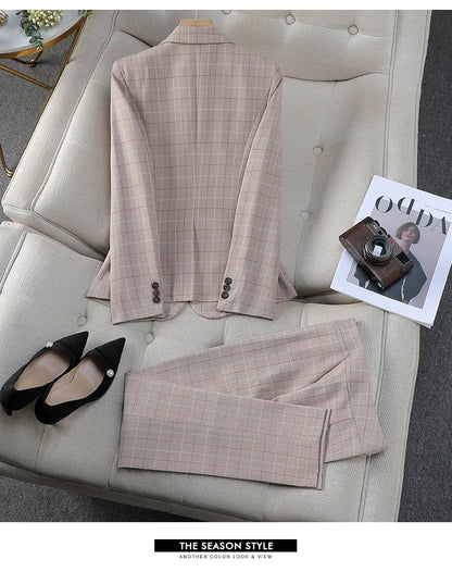 Apricot Plaid Pant Suits for Women Blazer British Style Capable Fashionable High-end Professional Clothing OL Clothes Suit Pants