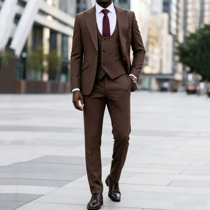 Men Suit Dark Brown 3 Pieces Solid With Lapel For Wedding Birthday Banquet Party Business Work Office Set Jacket Vest Pants