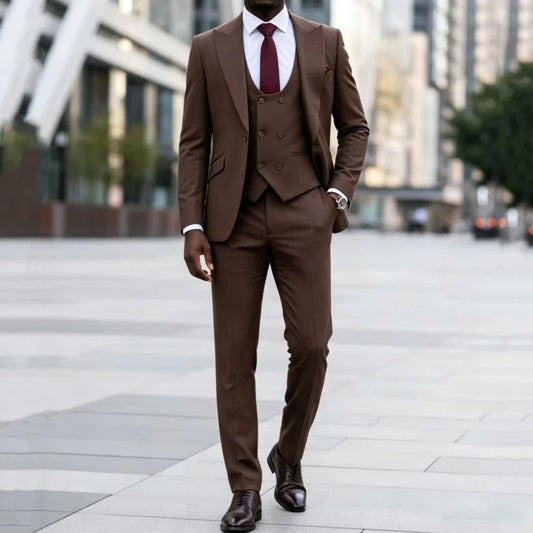 Men Suit Dark Brown 3 Pieces Solid With Lapel For Wedding Birthday Banquet Party Business Work Office Set Jacket Vest Pants