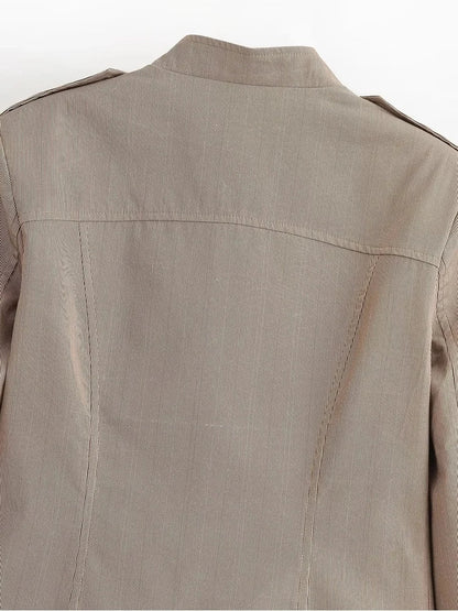 Women Military Style Cropped Blazer Jacket Gold Button Slim Short Suit Coat Stand Collar Elegant Office Lady Outerwear