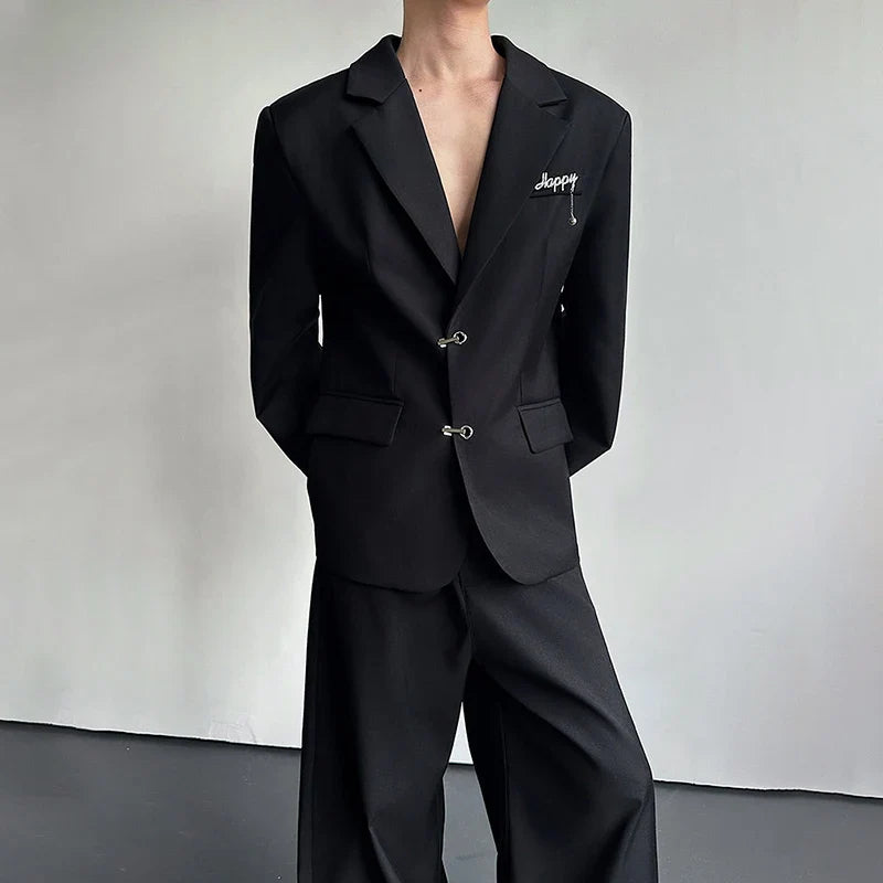 Spring Fashion Metal Buckle Decorate Solid Color Blazer Coat Men's Elegant Temperament Luxury Casual Male Clothes JY6115