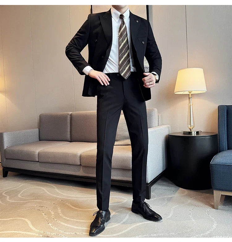 Men's Double Breasted Slim Fit Suit Set – Wedding & Smart Casual – Navy Blue, Brown, Black