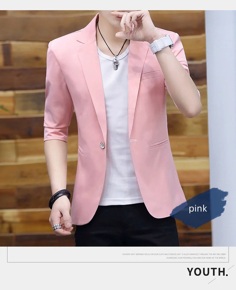 Summer 2025 Men's Mid-Sleeve Slim Fit Suit Korean Style Handsome Youth Seven-Quarter Jacket Small Suit Collection
