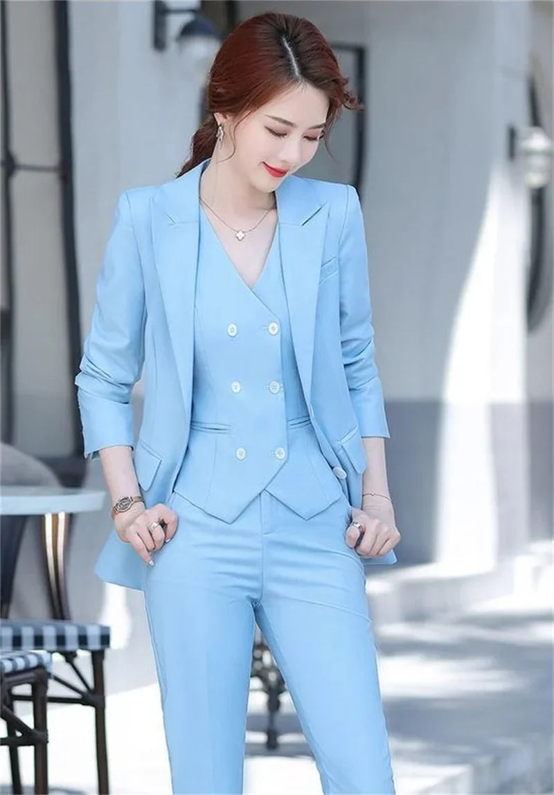 Lady Solid Lapel Blazer Suit Full Sleeve V-neck Single Breasted Straight Leg Pants Suits 2026 Fashion New Office Commute Outfit