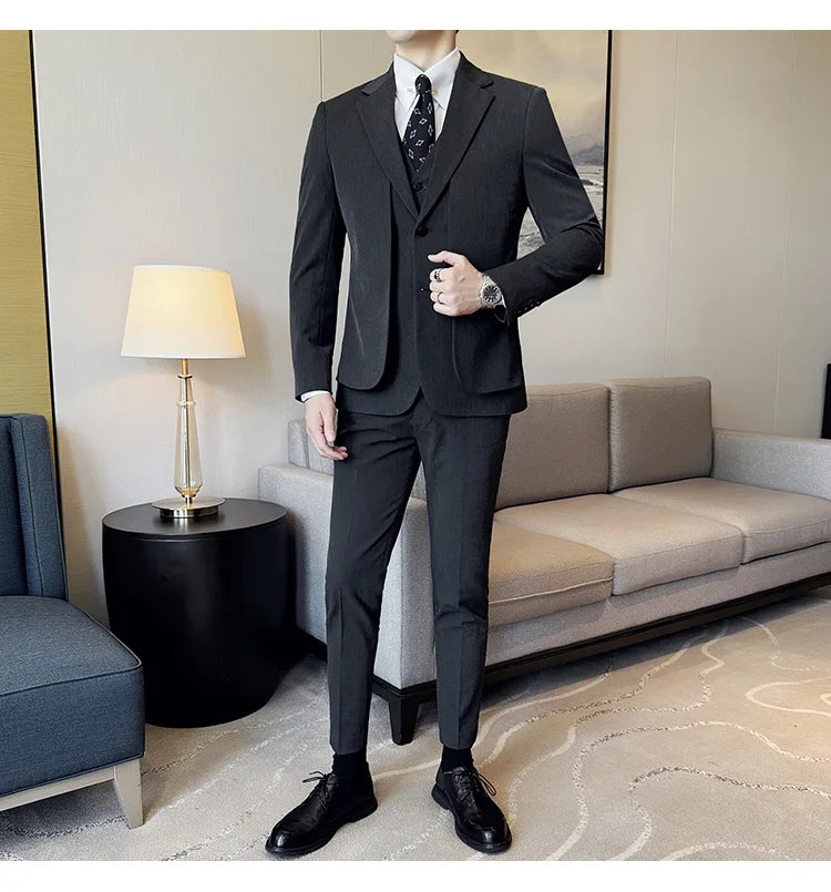 British Style Fake Two-piece Suit Set Men's Wedding Groom Dress 3 Piece Set Suit Vest Trousers Slim Office Business Casual Suits